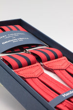 Albert Thurston for Cruciani & Bella Made in England Adjustable Sizing 35 mm elastic red and navy blue braces Braid ends Y-Shaped Nickel Fittings Size: L