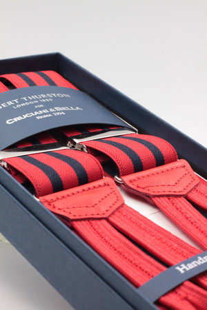 Albert Thurston for Cruciani & Bella Made in England Adjustable Sizing 35 mm elastic red and navy blue braces Braid ends Y-Shaped Nickel Fittings Size: L
