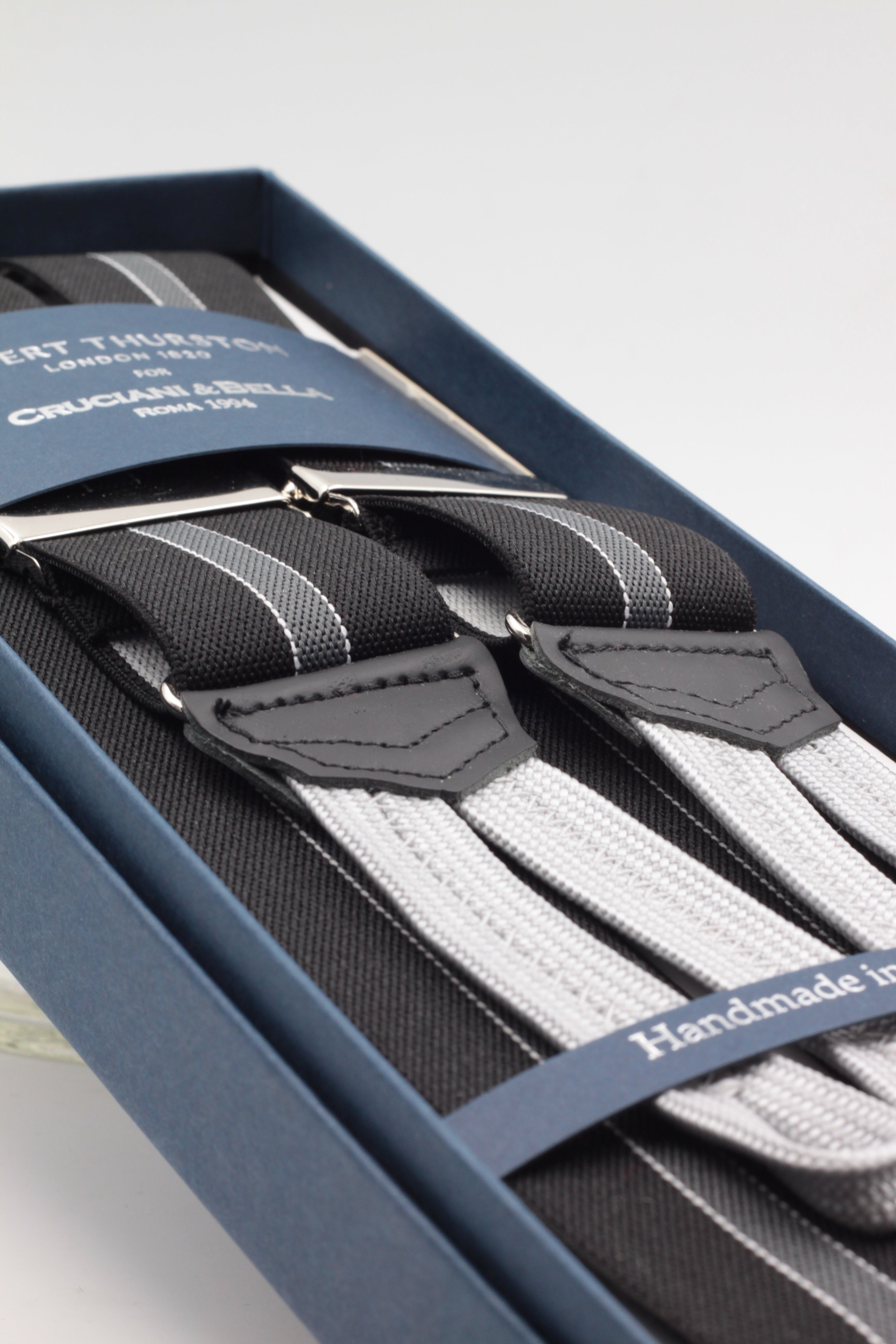 Albert Thurston for Cruciani & Bella Made in England Adjustable Sizing 35 mm elastic black, grey and white braces Braid ends Y-Shaped Nickel Fittings Size: L