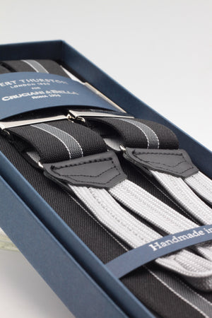 Albert Thurston for Cruciani & Bella Made in England Adjustable Sizing 35 mm elastic black, grey and white braces Braid ends Y-Shaped Nickel Fittings Size: L