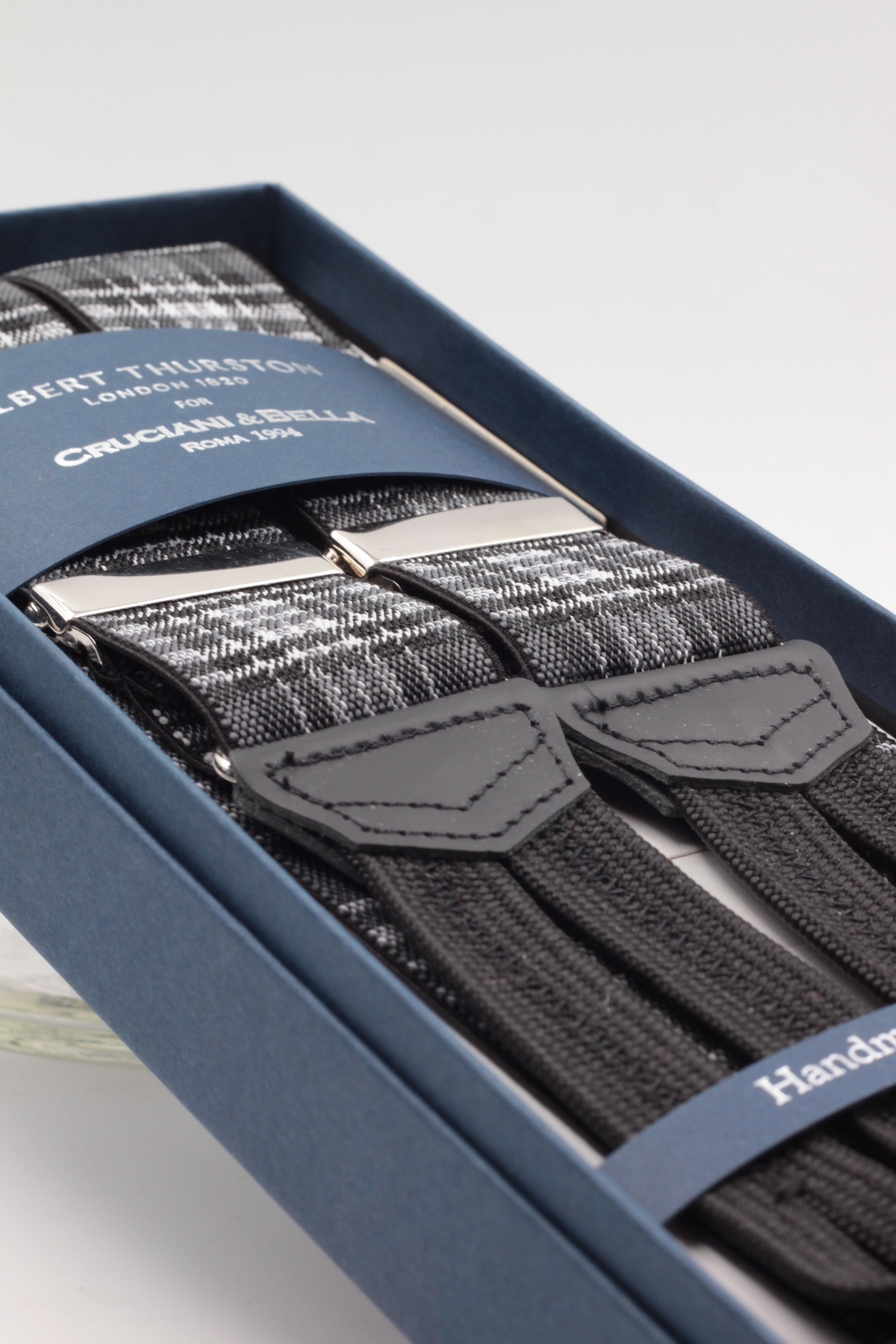 Albert Thurston for Cruciani & Bella Made in England Adjustable Sizing 35 mm elastic black and grey braces Braid ends Y-Shaped Nickel Fittings Size: L