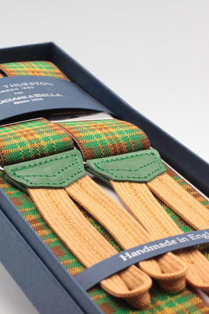 Albert Thurston for Cruciani & Bella Made in England Adjustable Sizing 35 mm elastic brown, green and mustard braces Braid ends Y-Shaped Nickel Fittings Size: L