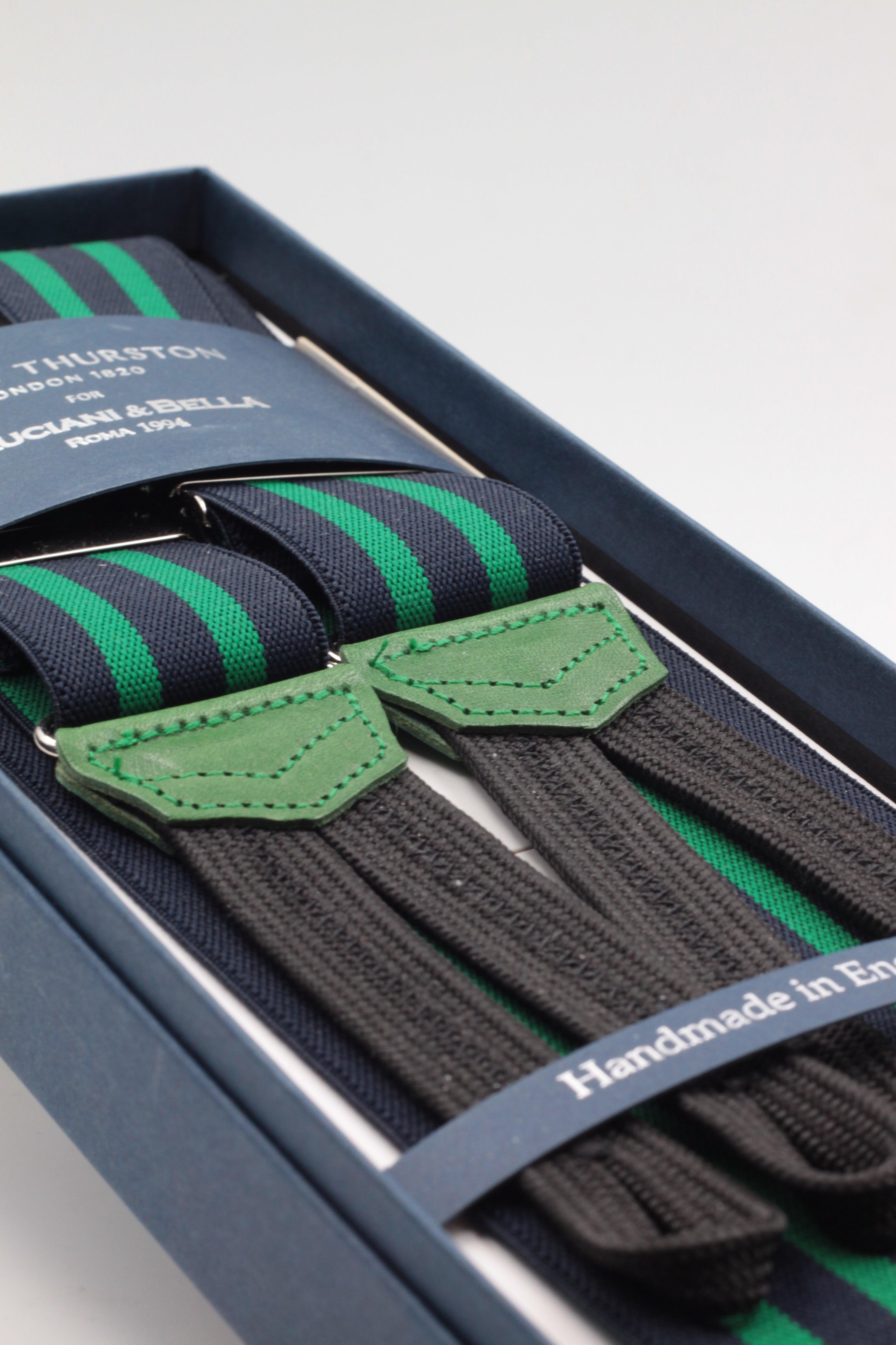 Albert Thurston for Cruciani & Bella Made in England Adjustable Sizing 35 mm elastic blue navy and green braces Braid ends Y-Shaped Nickel Fittings Size: L