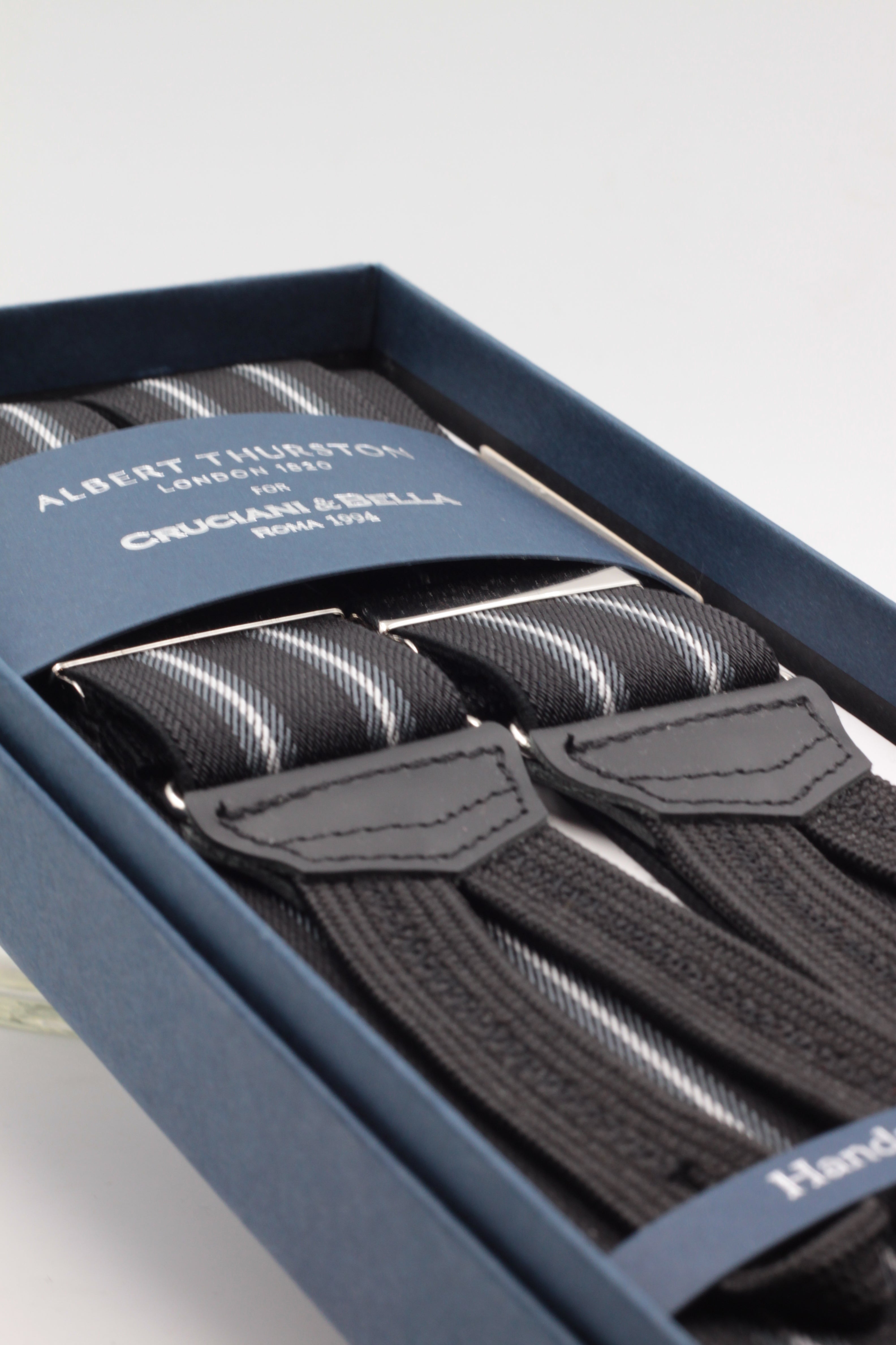 Albert Thurston for Cruciani & Bella Made in England Adjustable Sizing 35 mm elastic black, grey and white stripes braces Braid ends Y-Shaped Nickel Fittings Size: L