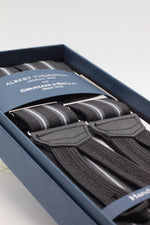Albert Thurston for Cruciani & Bella Made in England Adjustable Sizing 35 mm elastic black, grey and white stripes braces Braid ends Y-Shaped Nickel Fittings Size: L