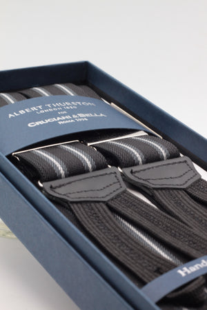 Albert Thurston for Cruciani & Bella Made in England Adjustable Sizing 35 mm elastic black, grey and white stripes braces Braid ends Y-Shaped Nickel Fittings Size: L