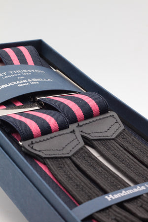 Albert Thurston for Cruciani & Bella Made in England Adjustable Sizing 35 mm elastic black, pink stripes braces Braid ends Y-Shaped Nickel Fittings Size: L