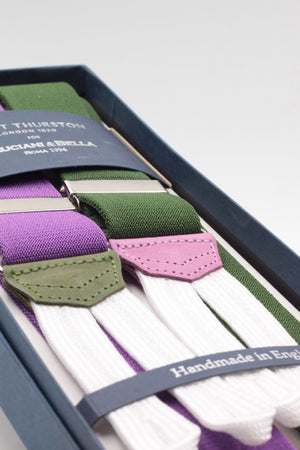 Albert Thurston for Cruciani & Bella Made in England Adjustable Sizing 35 mm elastic braces Green and purple exclusive  Braid ends Y-Shaped Nickel Fittings Size: L