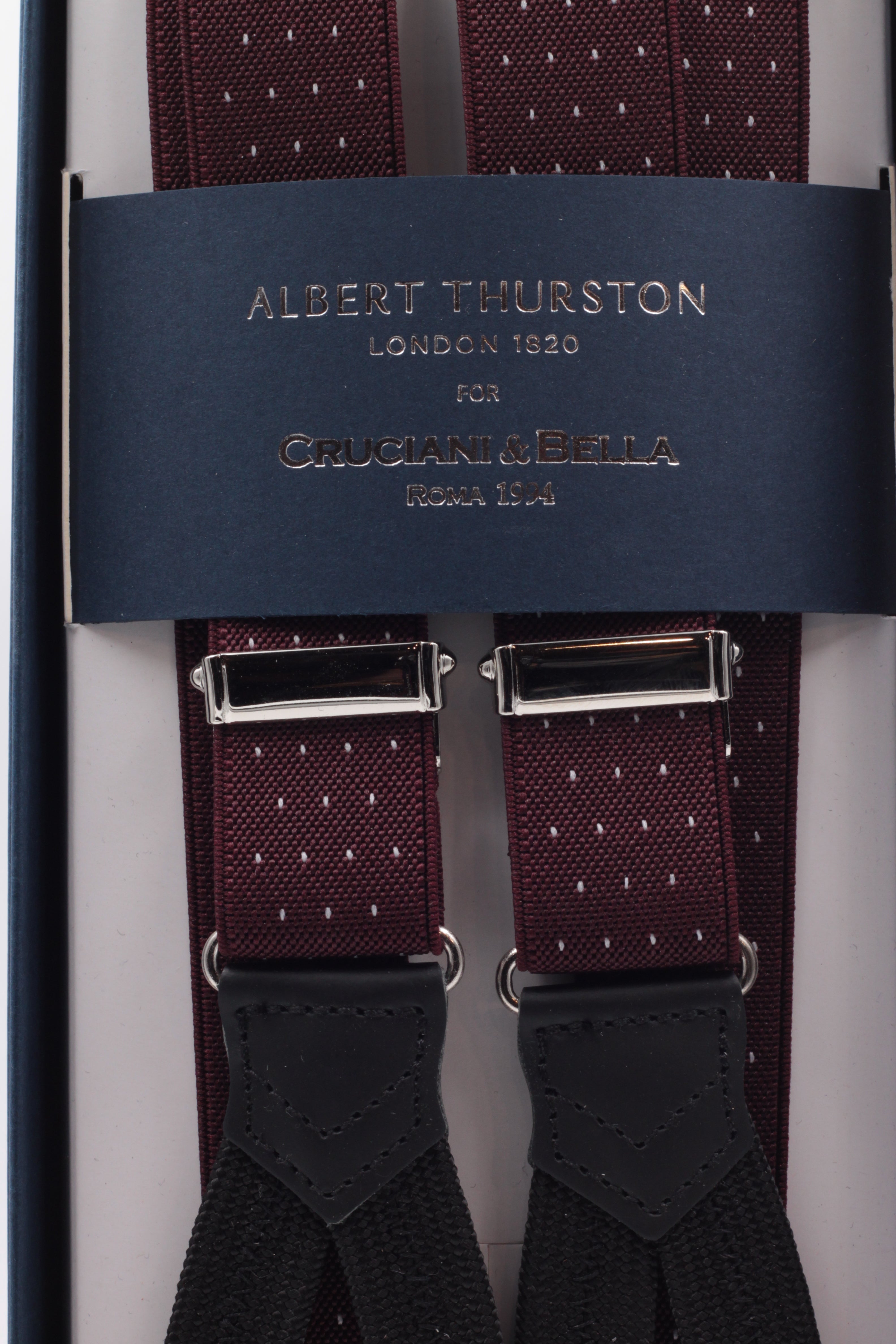 Albert Thurston for Cruciani & Bella Made in England Adjustable Sizing 25 mm elastic braces Burgundy, white dots Braid ends Y-Shaped Nickel Fittings Size: L