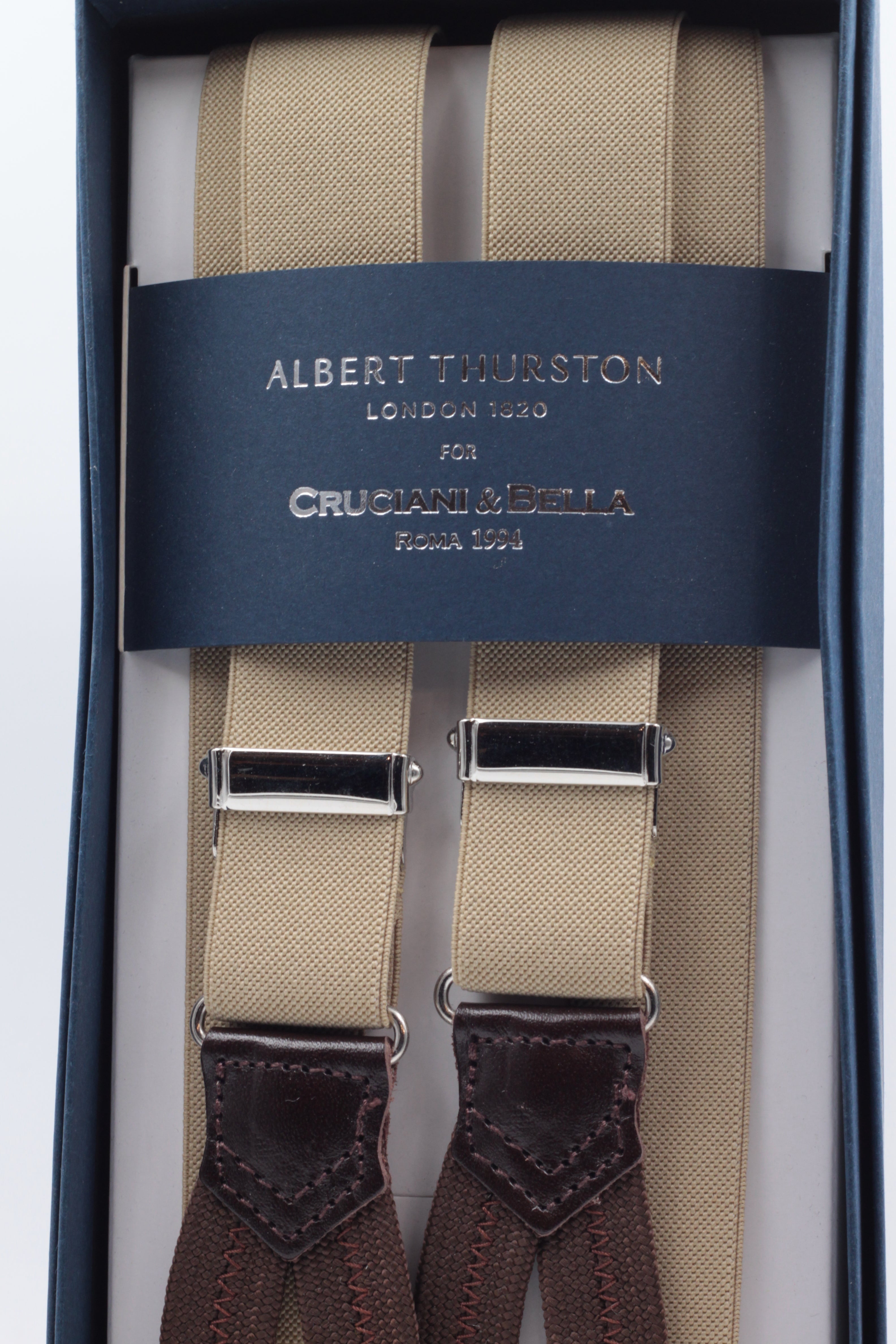 Albert Thurston for Cruciani & Bella Made in England Adjustable Sizing 25 mm elastic braces Beige plain Braid ends Y-Shaped Nickel Fittings Size: L