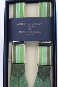 Albert Thurston for Cruciani & Bella Made in England Adjustable Sizing 25 mm elastic braces Green and white multiple color stripes Braid ends Y-Shaped Nickel Fittings Size: L