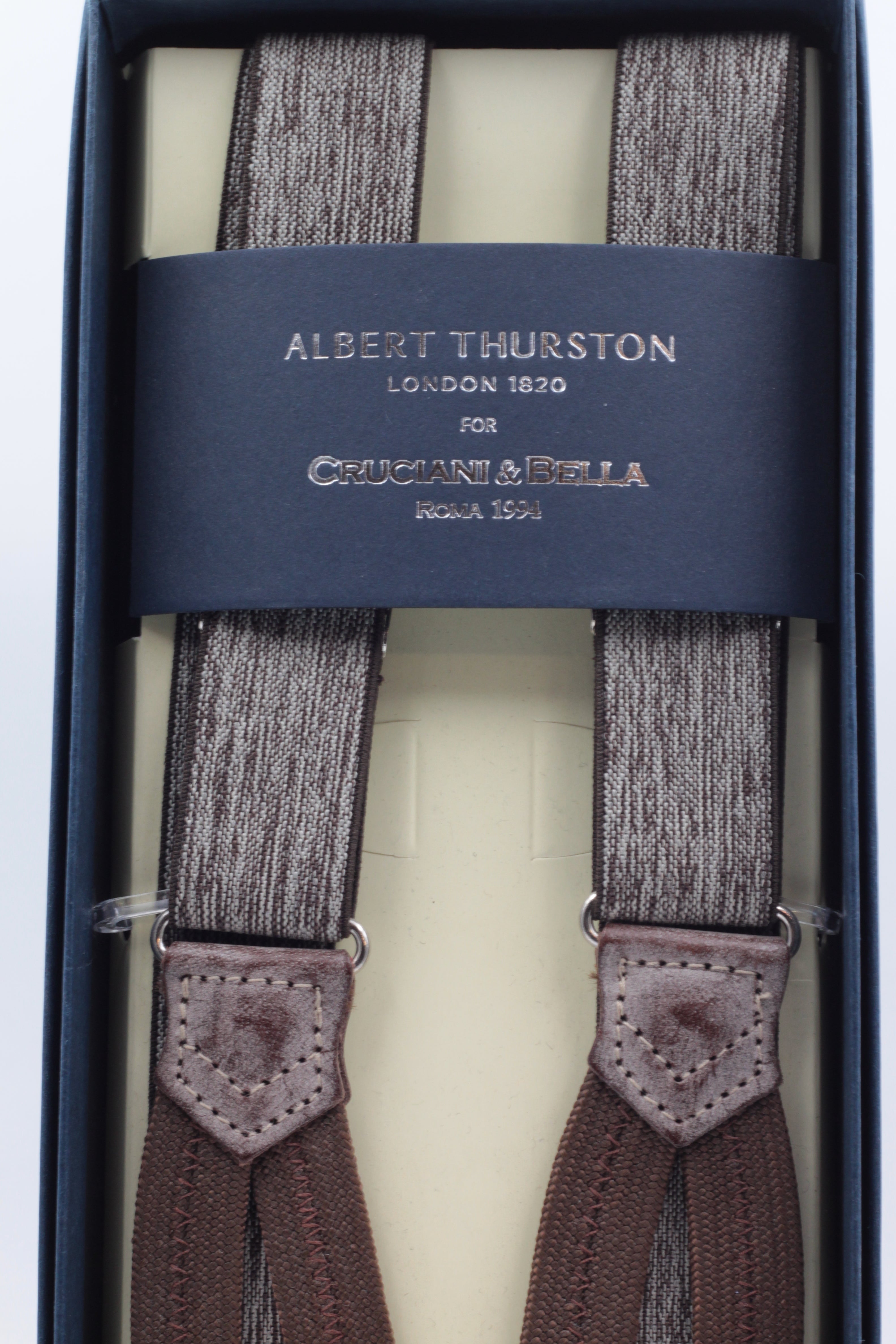 Albert Thurston for Cruciani & Bella Made in England Adjustable Sizing 25 mm elastic braces Brown melange Braid ends Y-Shaped Nickel Fittings Size: L