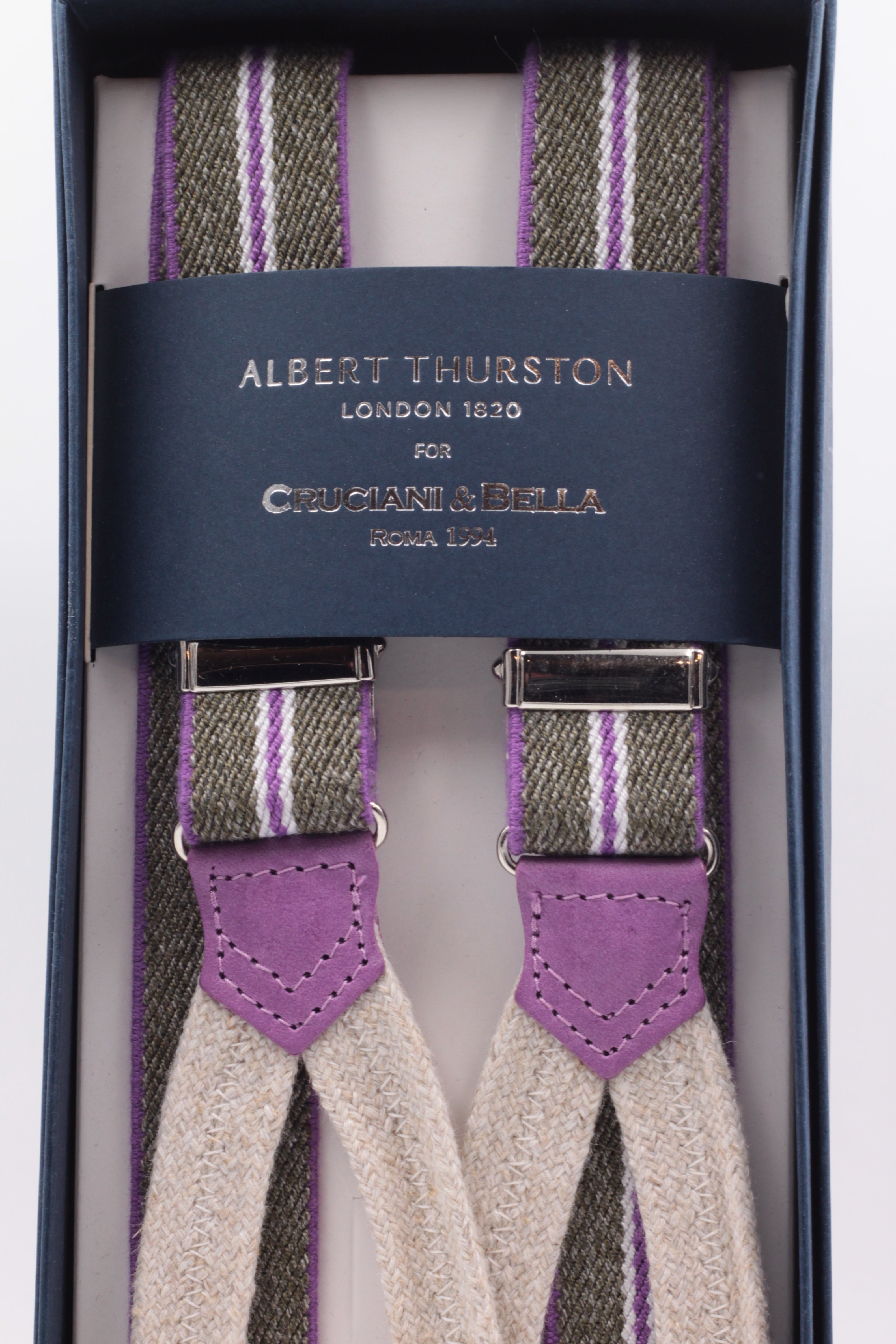 Albert Thurston for Cruciani & Bella Made in England Adjustable Sizing 25 mm elastic braces Grey, pink stripes Braid ends Y-Shaped Nickel Fittings Size: L