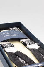 Albert Thurston for Cruciani & Bella Made in England Adjustable Sizing 25 mm elastic braces Navy blue, white motif Braid ends Y-Shaped Nickel Fittings Size: L