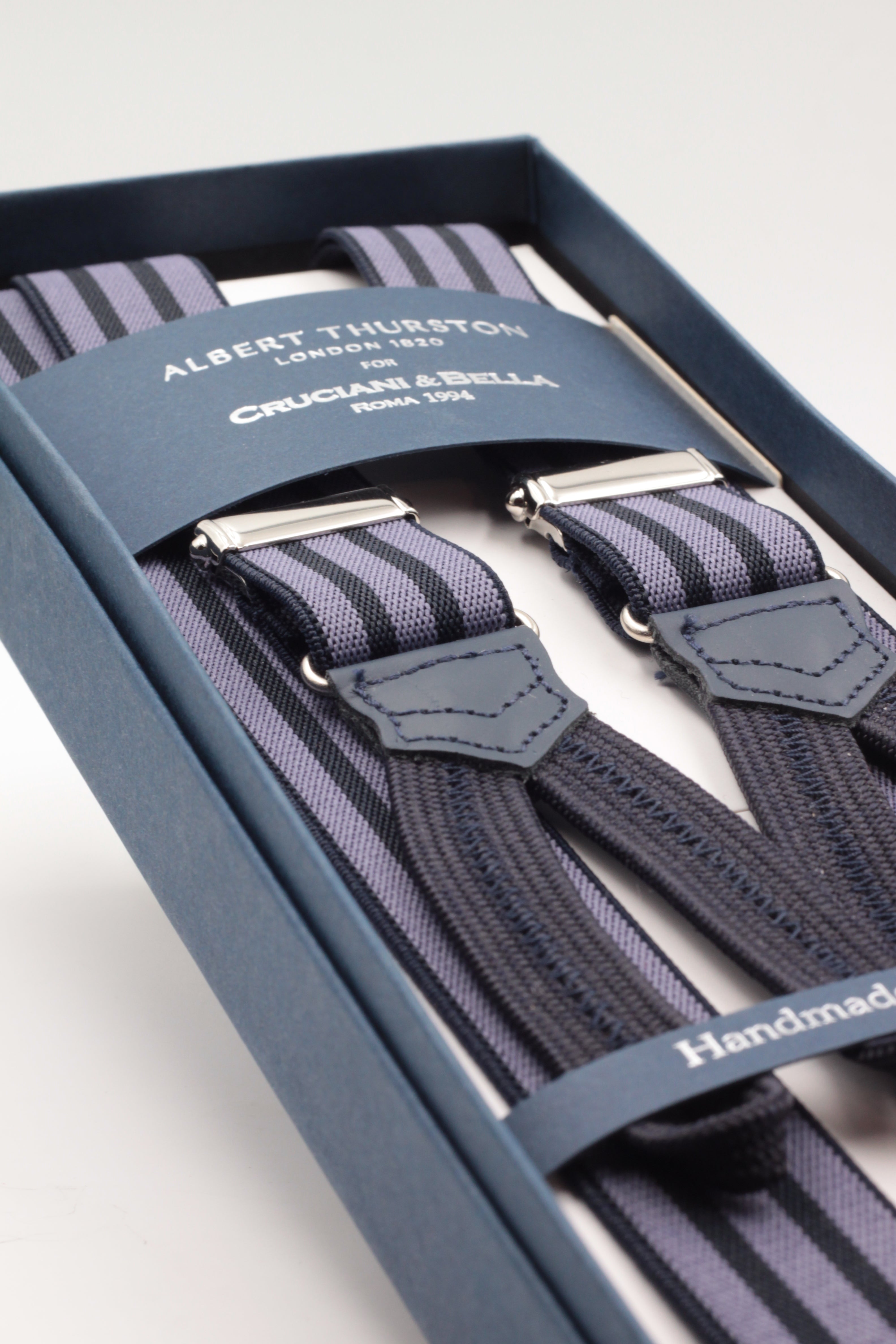 Albert Thurston for Cruciani & Bella Made in England Adjustable Sizing 25 mm elastic braces Blue navy and lilac Braid ends Y-Shaped Nickel Fittings Size: L