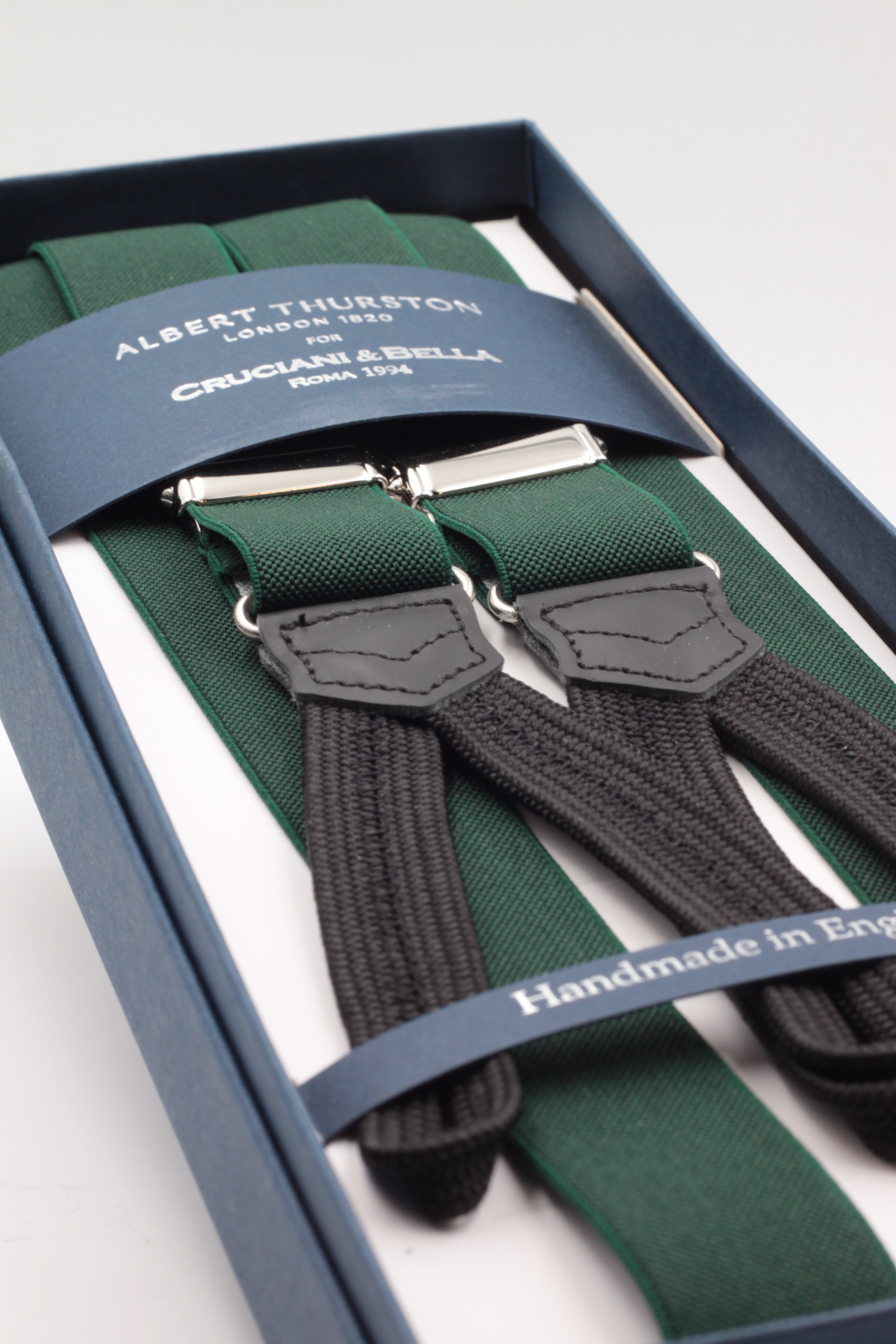 Albert Thurston for Cruciani & Bella Made in England Adjustable Sizing 25 mm elastic braces Bottle Green Plain Braces Braid ends Y-Shaped Nickel Fittings Size: L