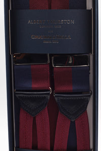 Albert Thurston for Cruciani & Bella Made in England Adjustable Sizing 40 mm Woven Barathea  Blue navy and burgundy braces Braid ends Y-Shaped Nickel Fittings Size: XL