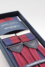 Albert Thurston for Cruciani & Bella Made in England Adjustable Sizing 40 mm Woven Barathea  Blue navy and burgundy braces Braid ends Y-Shaped Nickel Fittings Size: XL