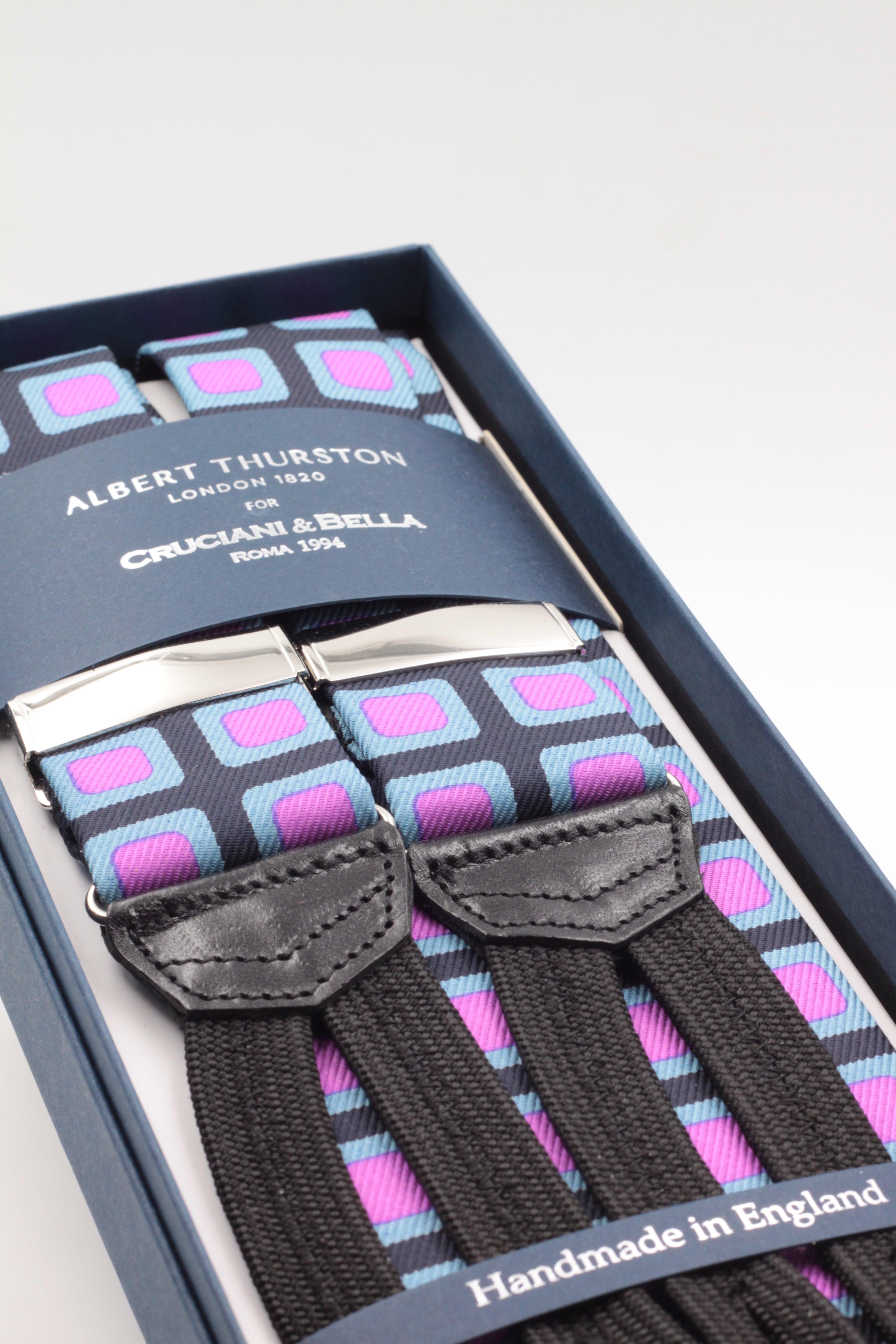 Albert Thurston for Cruciani & Bella Made in England Adjustable Sizing 40 mm Midnight blue, pink and light blue motif braces Braid ends Y-Shaped Nickel Fittings