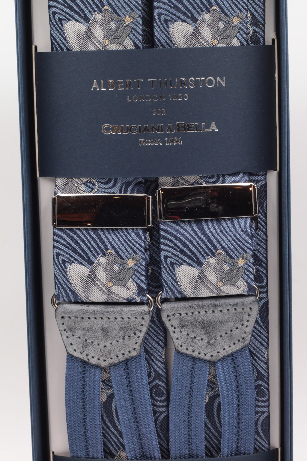 Albert Thurston for Cruciani & Bella Made in England Adjustable Sizing 40 mm Light blue, cup of tea motif braces Braid ends Y-Shaped Nickel Fittings
