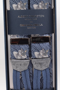 Albert Thurston for Cruciani & Bella Made in England Adjustable Sizing 40 mm Light blue, cup of tea motif braces Braid ends Y-Shaped Nickel Fittings