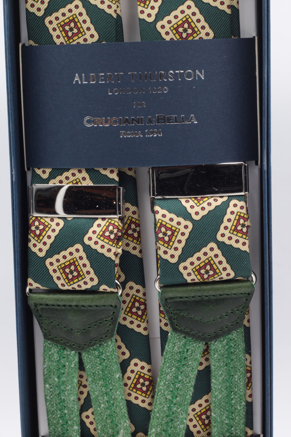 Albert Thurston for Cruciani & Bella Made in England Adjustable Sizing 40 mm Green, beige motif braces Braid ends Y-Shaped Nickel Fittings