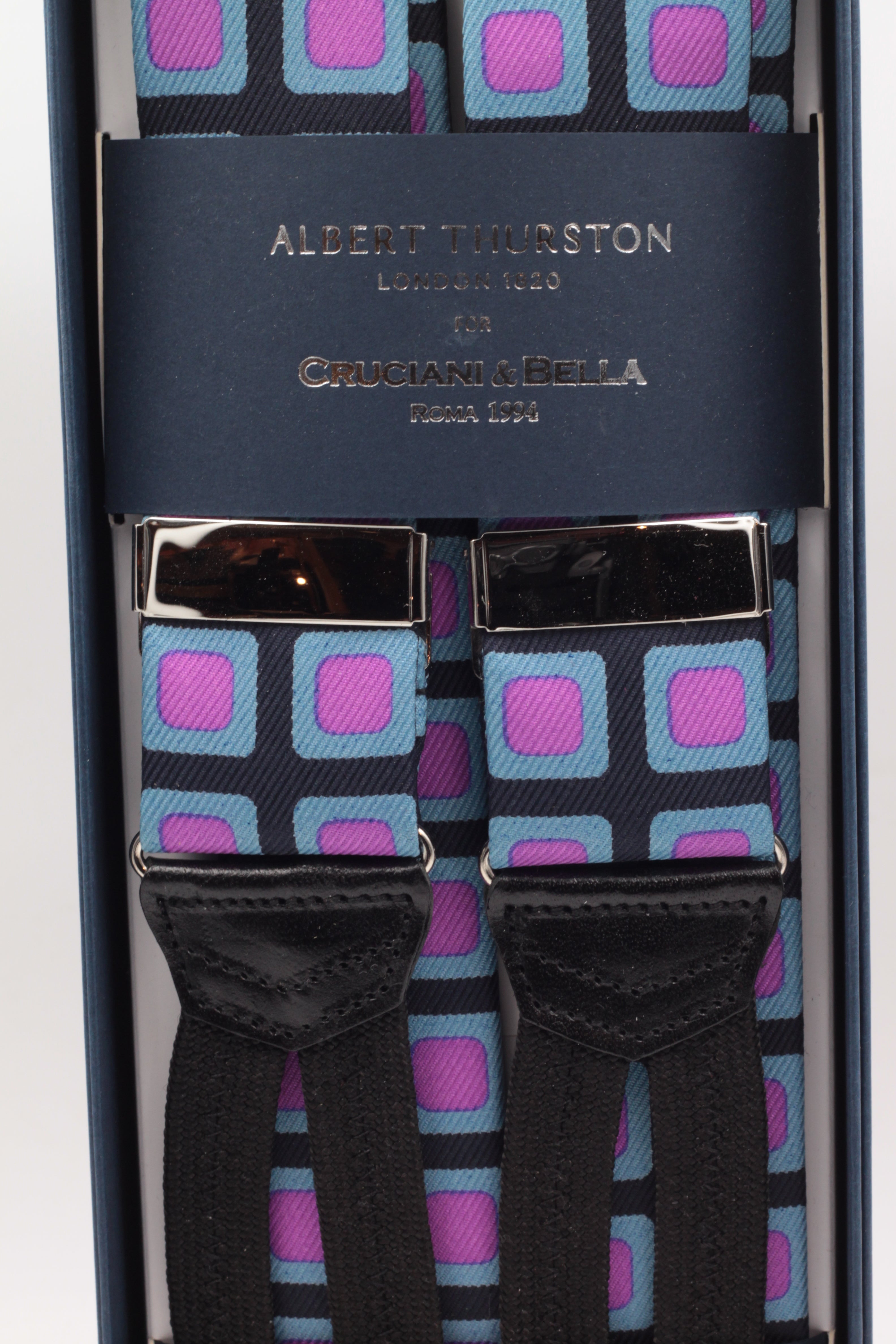 Albert Thurston for Cruciani & Bella Made in England Adjustable Sizing 40 mm Midnight blue, pink and light blue motif braces Braid ends Y-Shaped Nickel Fittings