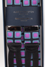 Albert Thurston for Cruciani & Bella Made in England Adjustable Sizing 40 mm Midnight blue, pink and light blue motif braces Braid ends Y-Shaped Nickel Fittings