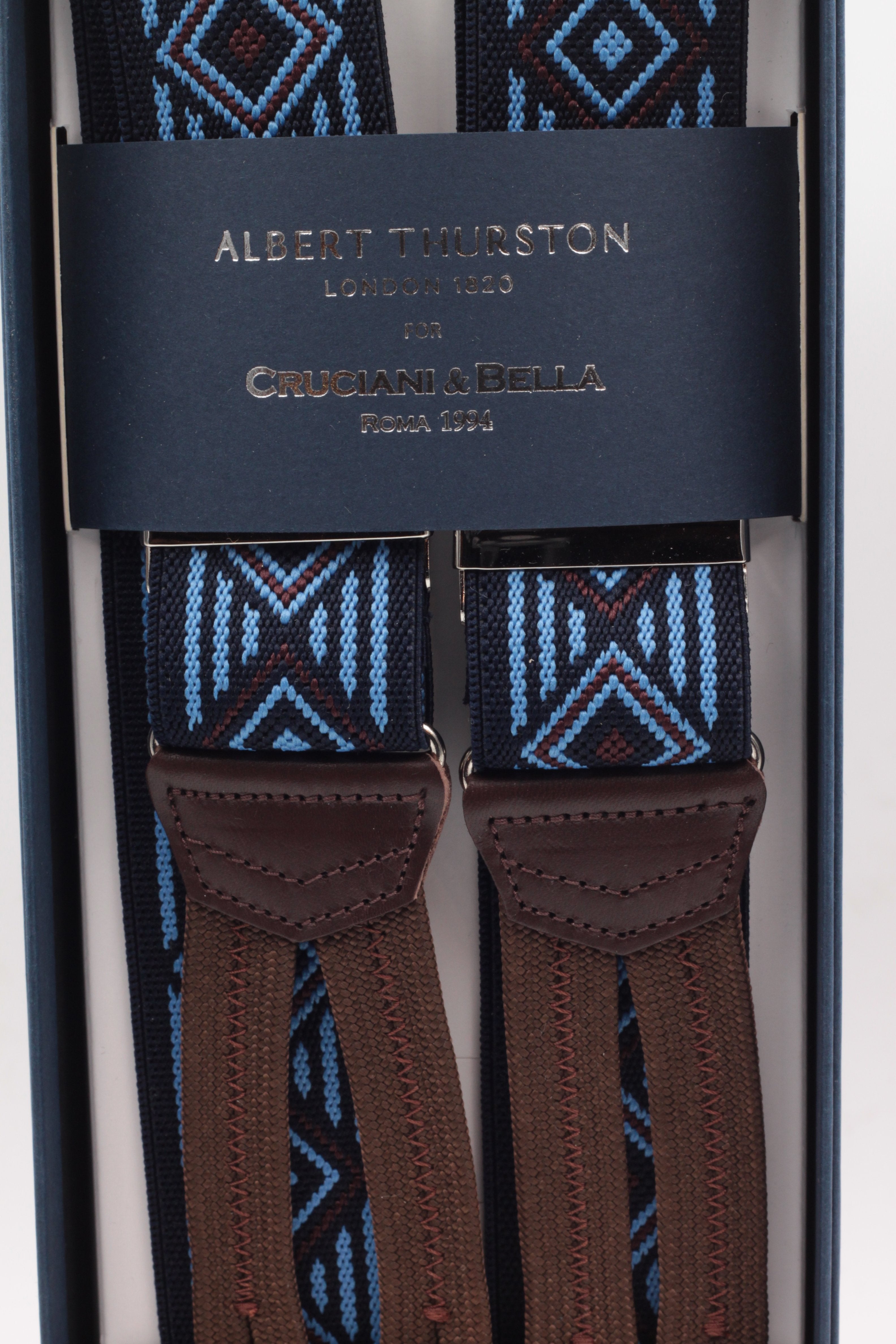 Albert Thurston for Cruciani & Bella Made in England Adjustable Sizing 35 mm elastic midnight blue, light blue and brown motif braces Braid ends Y-Shaped Nickel Fittings Size: L