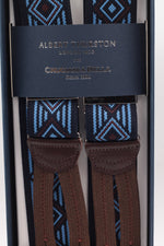 Albert Thurston for Cruciani & Bella Made in England Adjustable Sizing 35 mm elastic midnight blue, light blue and brown motif braces Braid ends Y-Shaped Nickel Fittings Size: L