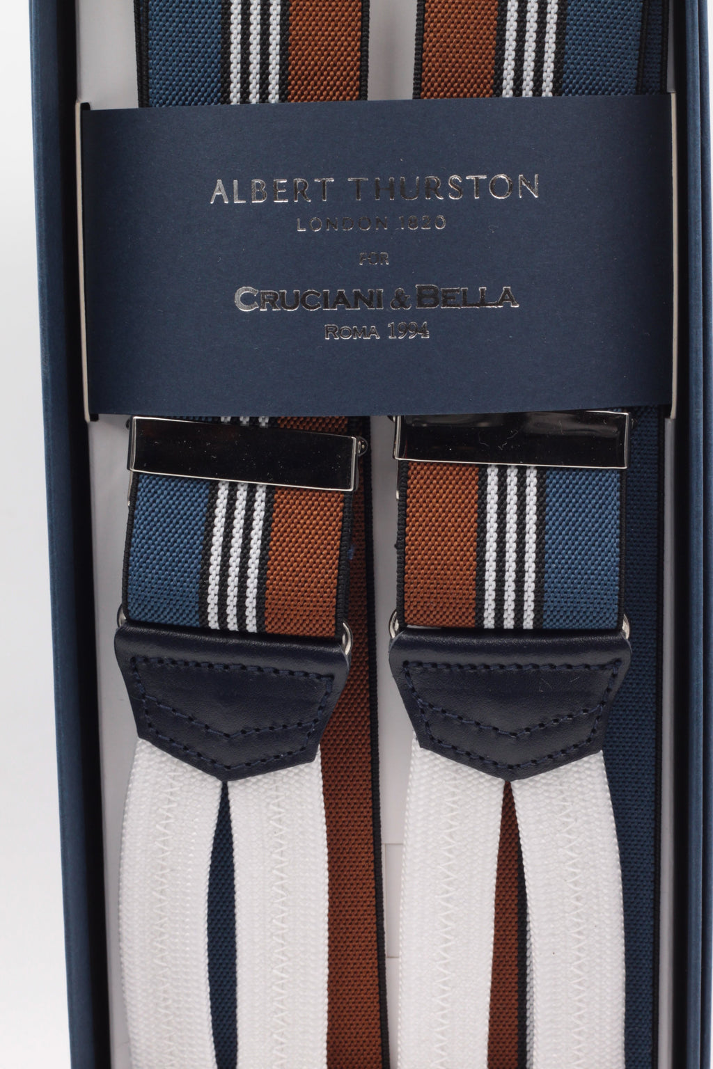 Albert Thurston for Cruciani & Bella Made in England Adjustable Sizing 35 mm elastic Brown and olympic blue, white stripe braces Braid ends Y-Shaped Nickel Fittings Size: L