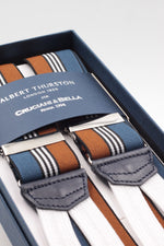 Albert Thurston for Cruciani & Bella Made in England Adjustable Sizing 35 mm elastic Brown and olympic blue, white stripe braces Braid ends Y-Shaped Nickel Fittings Size: L