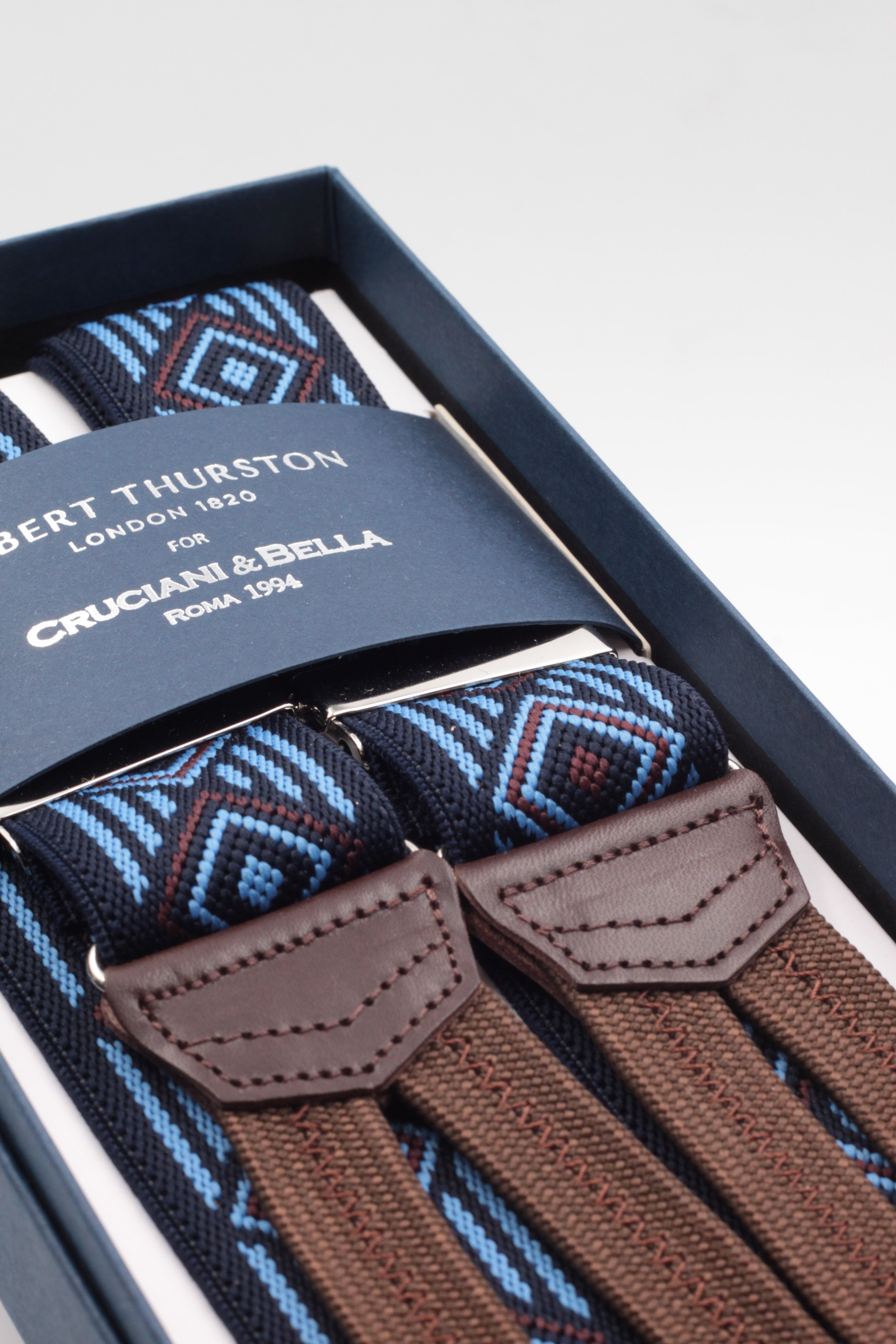 Albert Thurston for Cruciani & Bella Made in England Adjustable Sizing 35 mm elastic midnight blue, light blue and brown motif braces Braid ends Y-Shaped Nickel Fittings Size: L