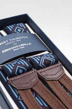 Albert Thurston for Cruciani & Bella Made in England Adjustable Sizing 35 mm elastic midnight blue, light blue and brown motif braces Braid ends Y-Shaped Nickel Fittings Size: L