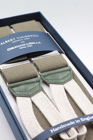 Albert Thurston for Cruciani & Bella Made in England Adjustable Sizing 35 mm elastic  Military green plain braces Braid ends Y-Shaped Nickel Fittings Size: L