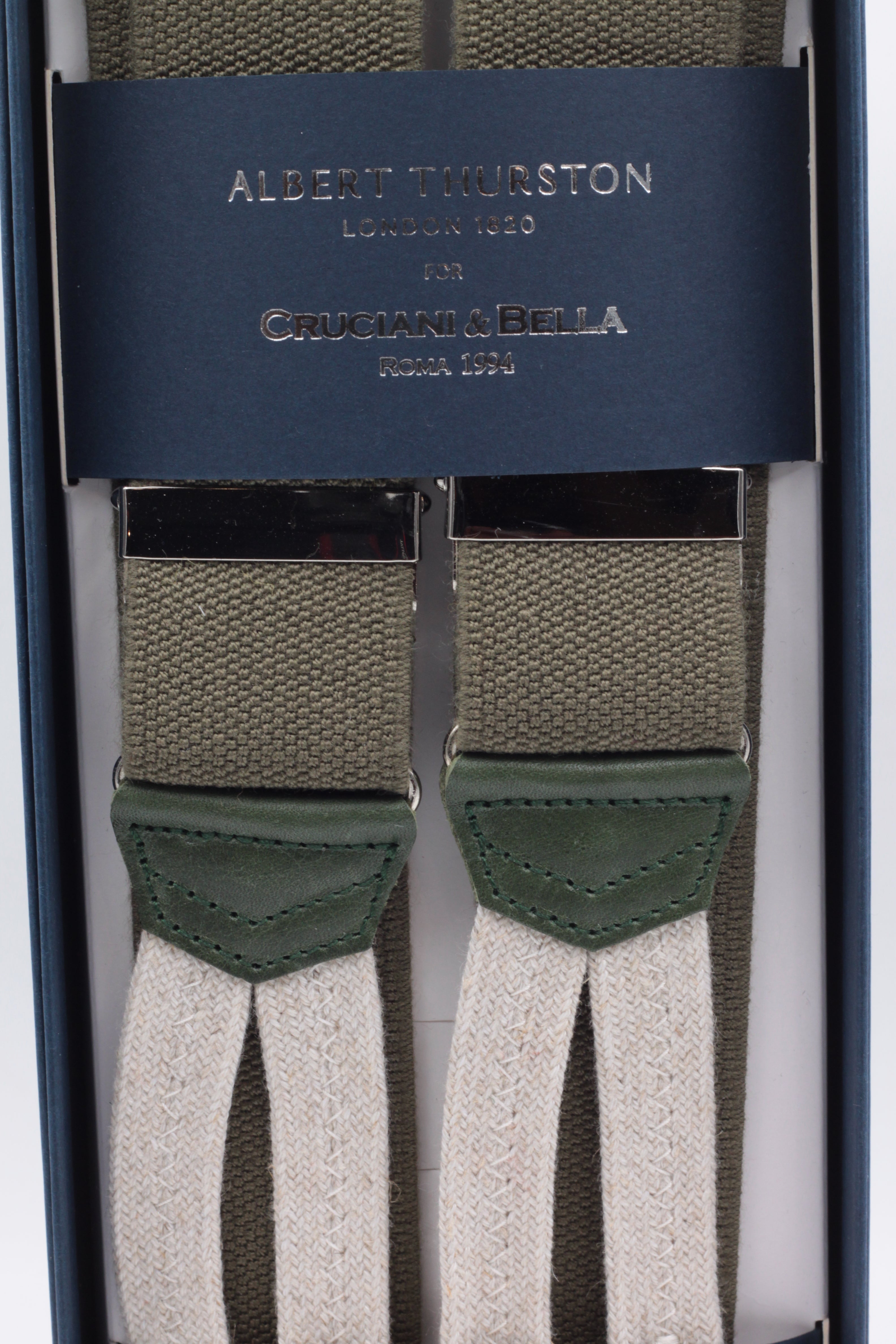 Albert Thurston for Cruciani & Bella Made in England Adjustable Sizing 35 mm elastic  Military green plain braces Braid ends Y-Shaped Nickel Fittings Size: L
