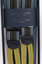 Albert Thurston for Cruciani & Bella Made in England Adjustable Sizing 35 mm elastic Military green, midnight blue and light blue multiple stripe braces Braid ends Y-Shaped Nickel Fittings Size: L