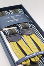 Albert Thurston for Cruciani & Bella Made in England Adjustable Sizing 35 mm elastic Military green, midnight blue and light blue multiple stripe braces Braid ends Y-Shaped Nickel Fittings Size: L