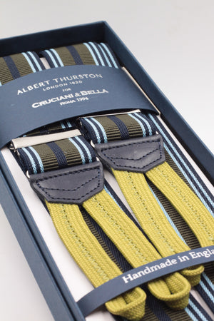 Albert Thurston for Cruciani & Bella Made in England Adjustable Sizing 35 mm elastic Military green, midnight blue and light blue multiple stripe braces Braid ends Y-Shaped Nickel Fittings Size: L