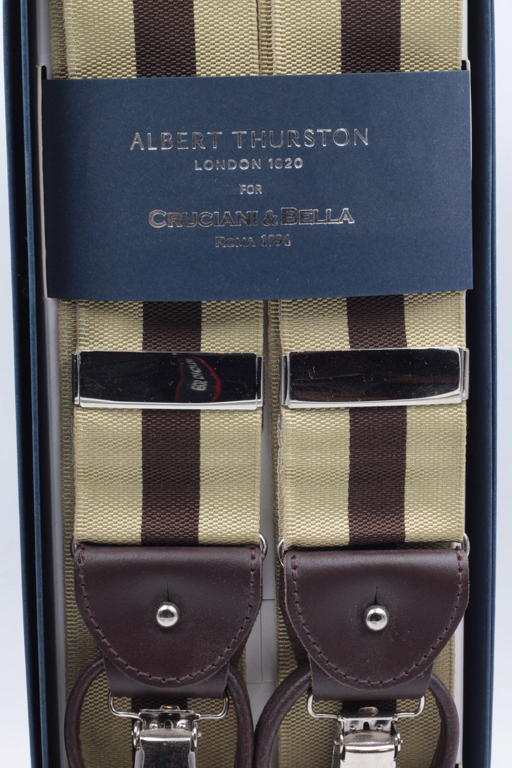 Albert Thurston for Cruciani & Bella Made in England Adjustable Sizing 40 mm Woven Barathea  Light yellow and brown Braces 2 in 1 Y-Shaped Nickel Fittings Size: XL