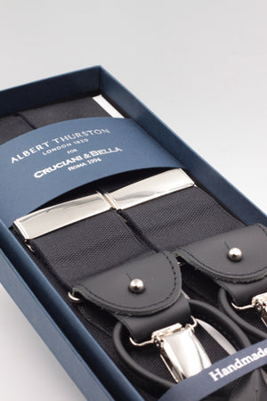 Albert Thurston for Cruciani & Bella Made in England Adjustable Sizing 40 mm Woven Barathea  Black plain Braces 2 in 1 Y-Shaped Nickel Fittings Size: XL