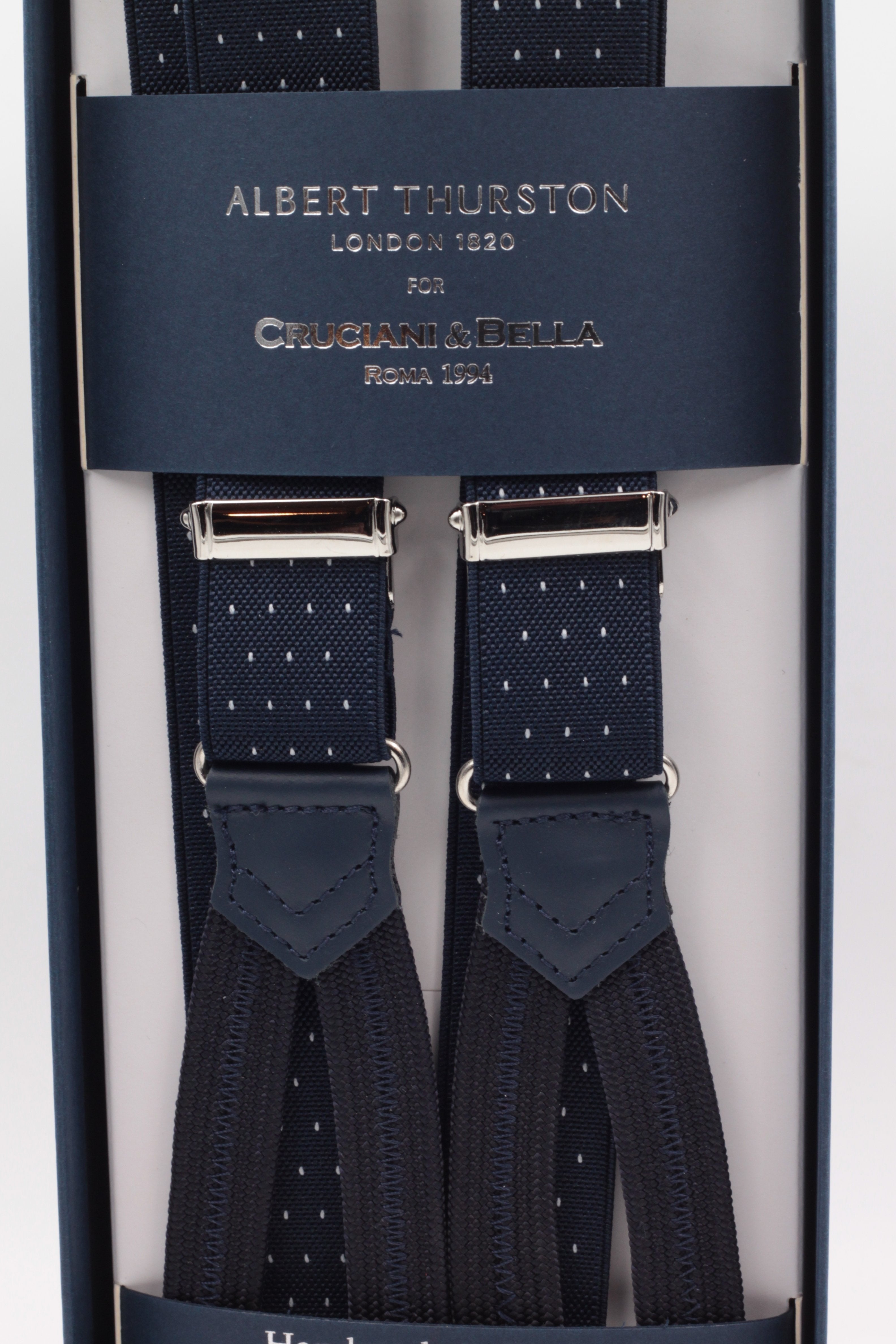 Albert Thurston for Cruciani & Bella Made in England Adjustable Sizing 25 mm elastic braces Midnight blue, white dots Braid ends Y-Shaped Nickel Fittings Size: L