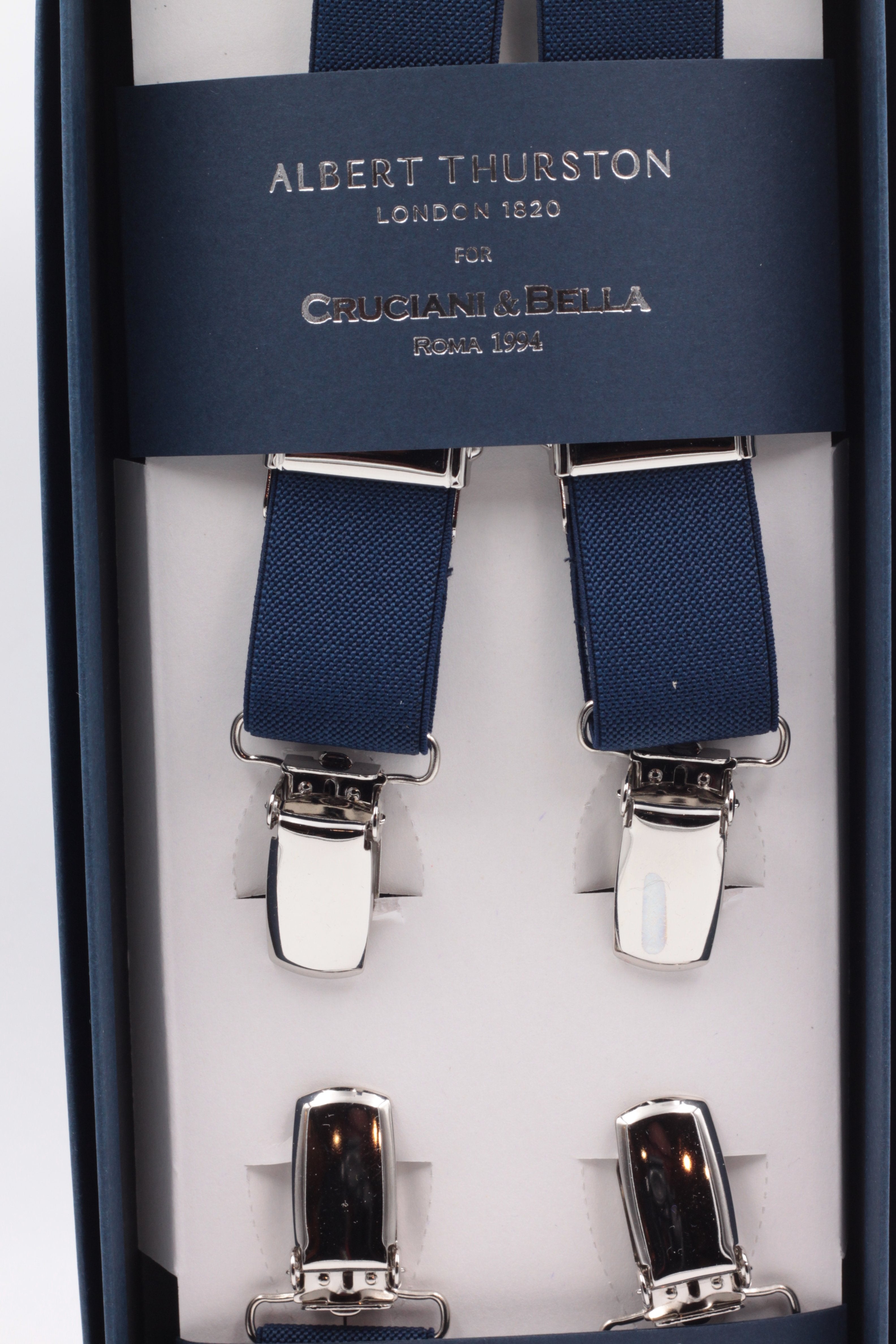 Albert Thurston for Cruciani & Bella Made in England Clip on Adjustable Sizing 25 mm elastic braces Midnight blue X-Shaped Nickel Fittings Size: L