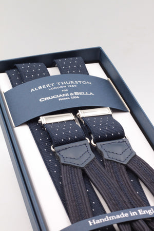 Albert Thurston for Cruciani & Bella Made in England Adjustable Sizing 25 mm elastic braces Midnight blue, white dots Braid ends Y-Shaped Nickel Fittings Size: L