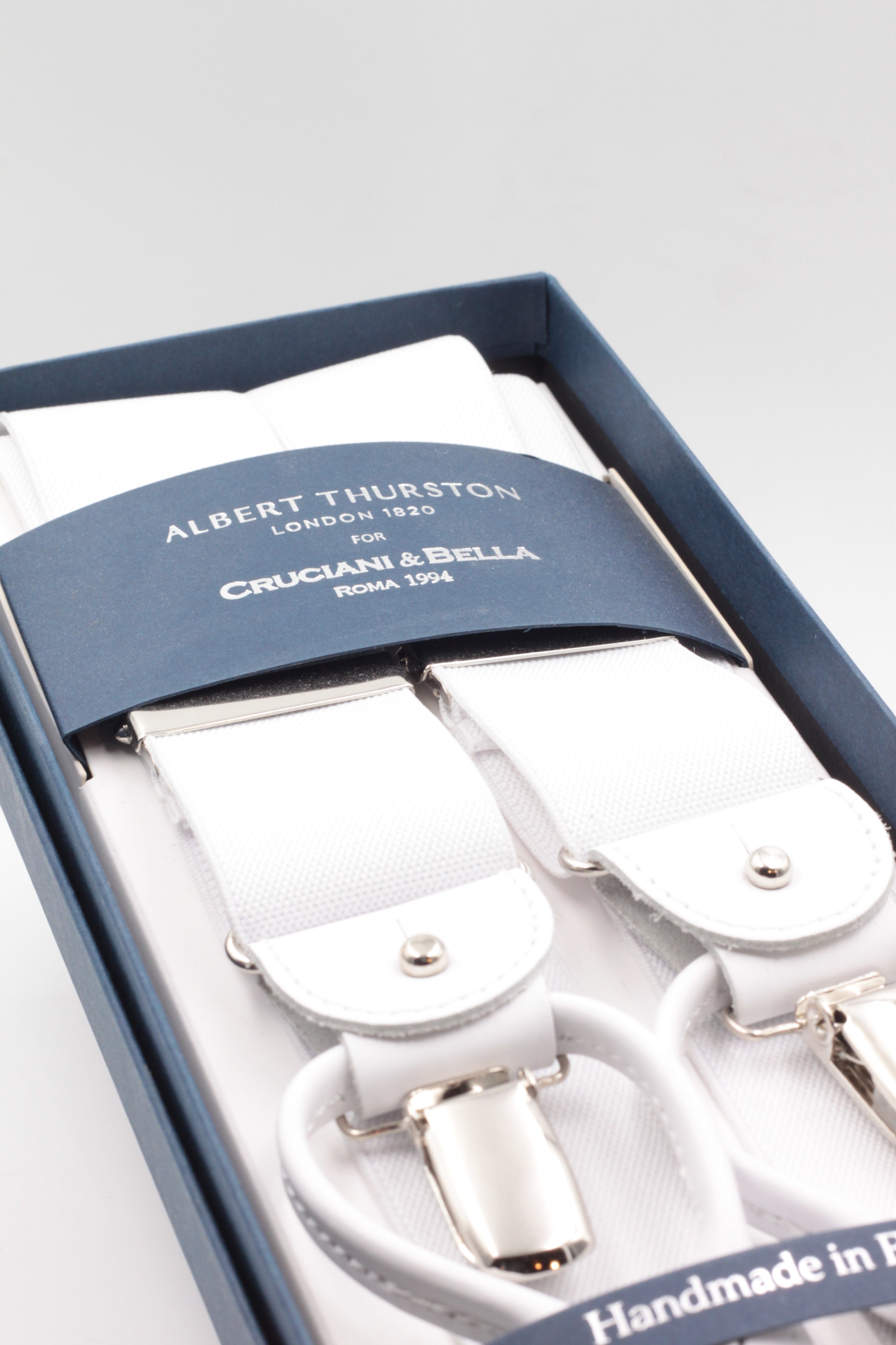 Albert Thurston for Cruciani & Bella Made in England 2 in 1 Adjustable Sizing 35 mm elastic braces White plain Y-Shaped Nickel Fittings