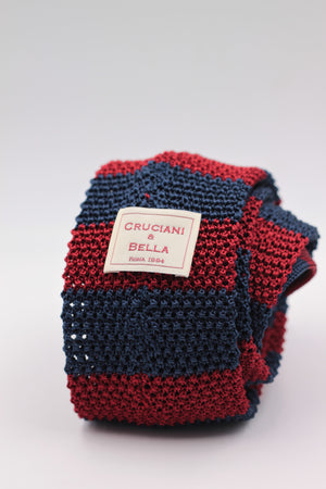 Cruciani & Bella 100% Knitted Silk Blue and Dark Red stripe tie Handmade in Italy 6 cm x 147 cm