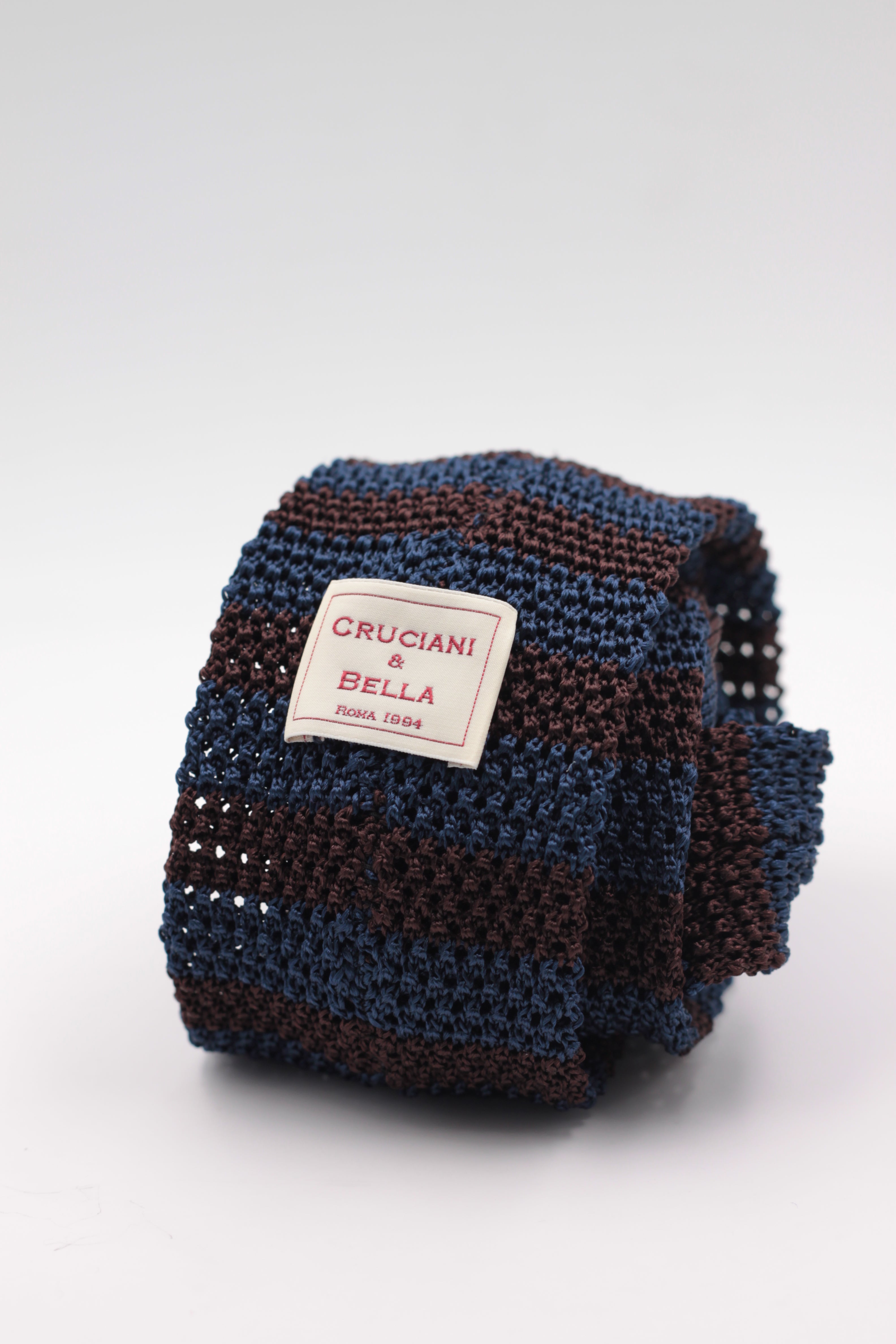 Cruciani & Bella 100% Knitted Silk Blue and Brown stripe tie Handmade in Italy 6 cm x 147 cm