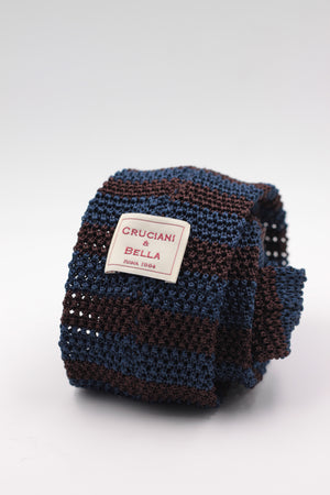 Cruciani & Bella 100% Knitted Silk Blue and Brown stripe tie Handmade in Italy 6 cm x 147 cm