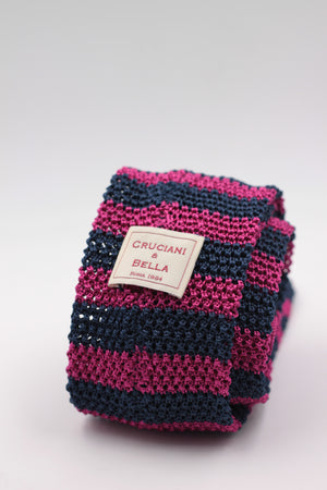 Cruciani & Bella 100% Knitted Silk Blue and Fuchsia stripe tie Handmade in Italy 6 cm x 147 cm