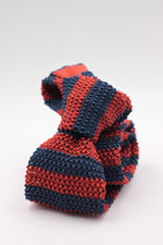 Cruciani & Bella 100% Knitted Silk Blue and Dark Orange stripe tie Handmade in Italy 6 cm x 147 cm